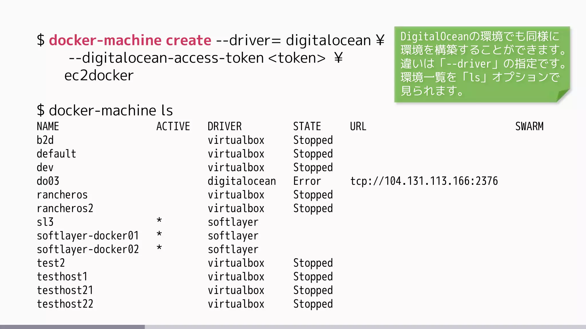 $ docker-machine create --driver= digitalocean ¥
--digitalocean-access-token <token> ¥
ec2docker
$ docker-machine ls
NAME ACTIVE DRIVER STATE URL SWARM
b2d virtualbox Stopped
default virtualbox Stopped
dev virtualbox Stopped
do03 digitalocean Error tcp://104.131.113.166:2376
rancheros virtualbox Stopped
rancheros2 virtualbox Stopped
sl3 * softlayer
softlayer-docker01 * softlayer
softlayer-docker02 * softlayer
test2 virtualbox Stopped
testhost1 virtualbox Stopped
testhost21 virtualbox Stopped
testhost22 virtualbox Stopped
DigitalOceanの環境でも同様に
環境を構築することができます。
違いは「--driver」の指定です。
環境一覧を「ls」オプションで
見られます。
 