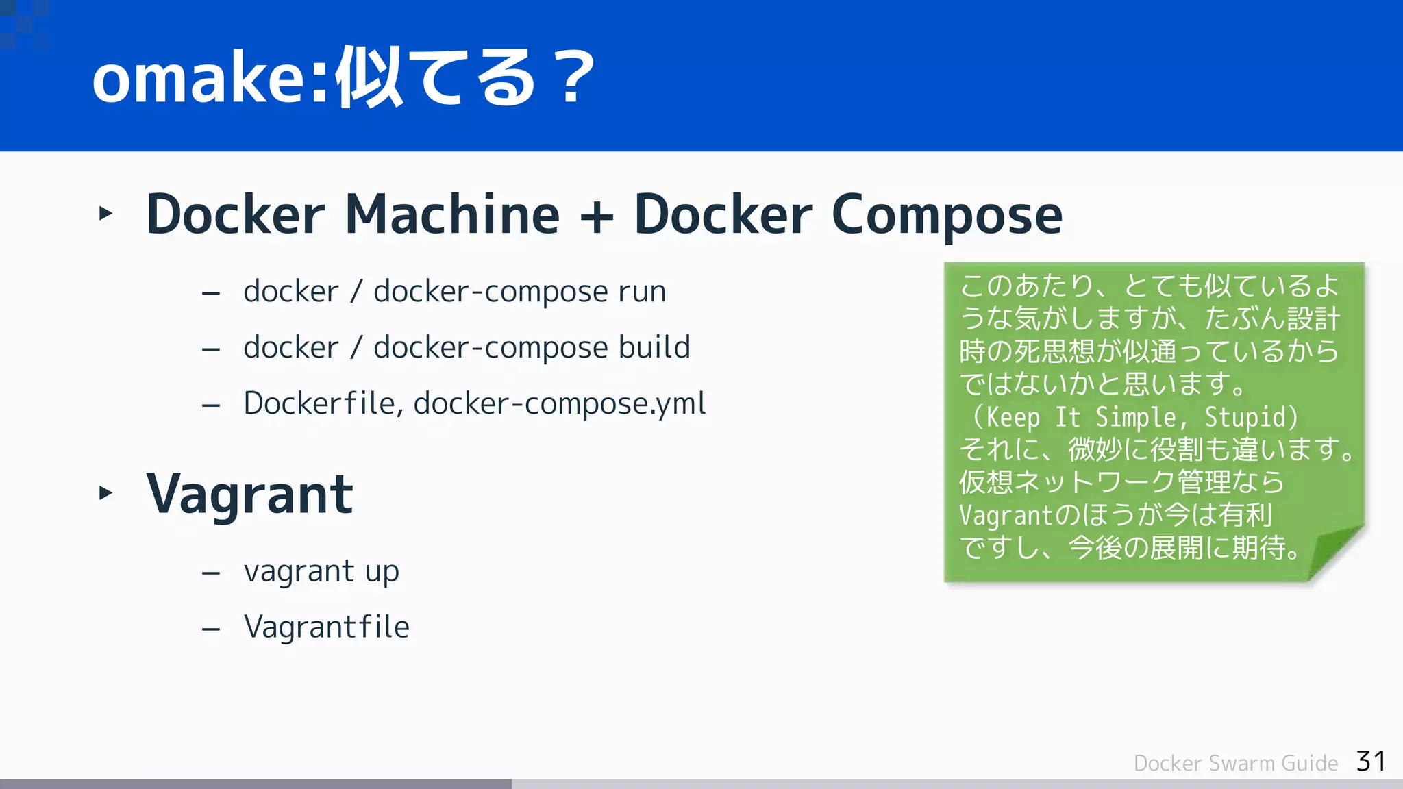 31Docker Swarm Guide
‣ Docker Machine + Docker Compose
– docker / docker-compose run
– docker / docker-compose build
– Dockerfile, docker-compose.yml
‣ Vagrant
– vagrant up
– Vagrantfile
omake:似てる？
このあたり、とても似ているよ
うな気がしますが、たぶん設計
時の死思想が似通っているから
ではないかと思います。
（Keep It Simple, Stupid)
それに、微妙に役割も違います。
仮想ネットワーク管理なら
Vagrantのほうが今は有利
ですし、今後の展開に期待。
 