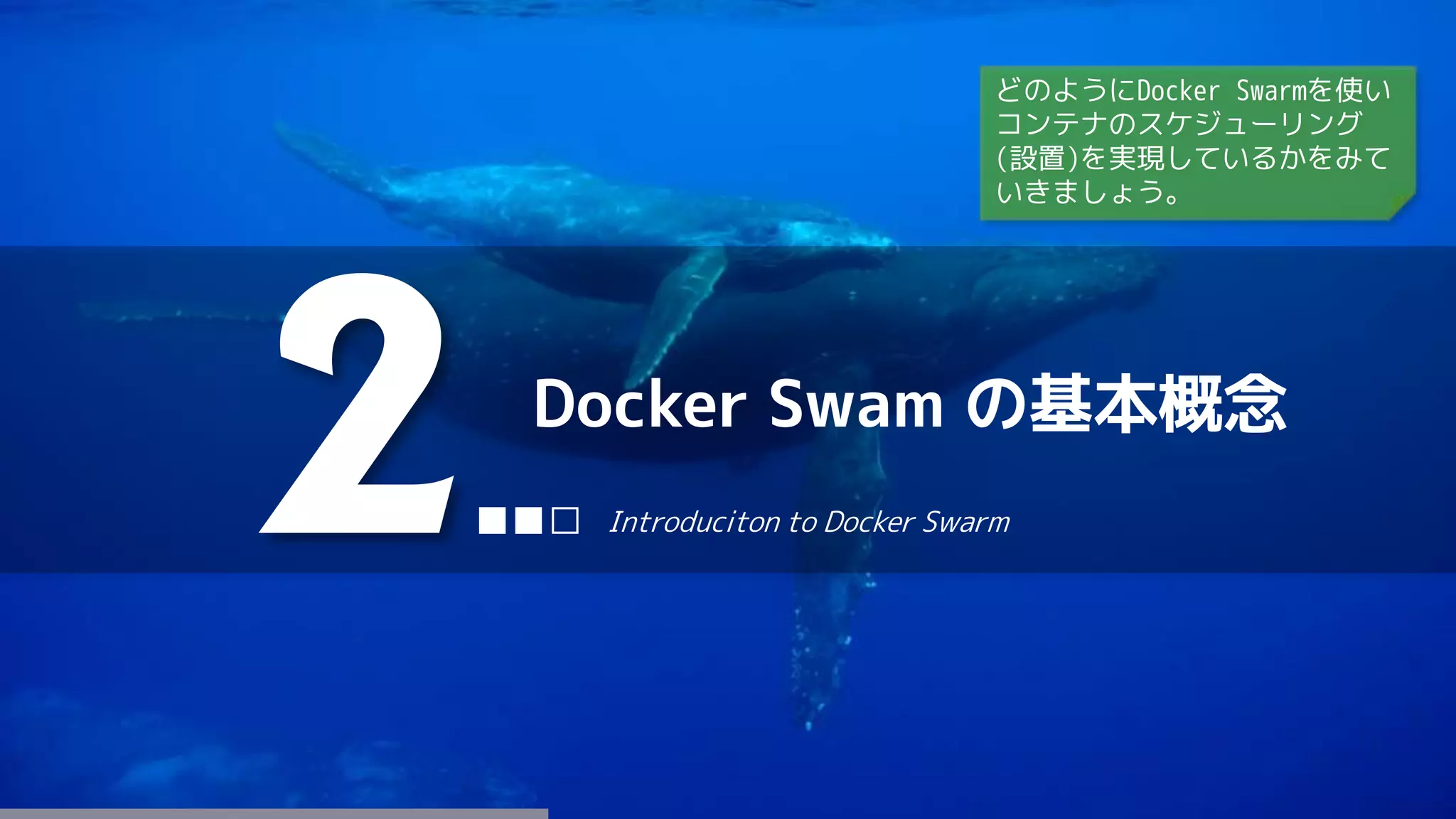 Docker Swam の基本概念
2■■□ Introduciton to Docker Swarm
どのようにDocker Swarmを使い
コンテナのスケジューリング
(設置)を実現しているかをみて
いきましょう。
 