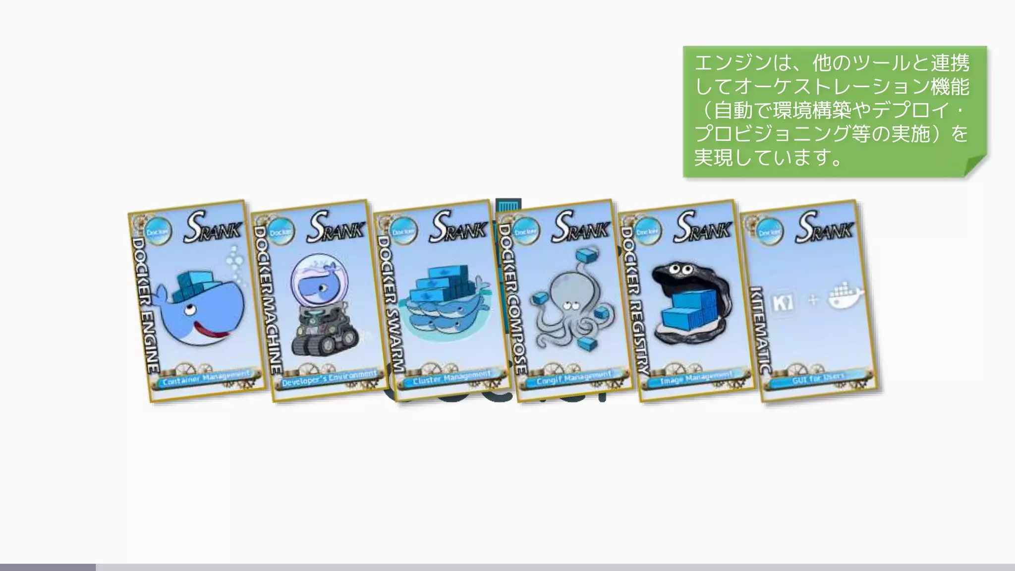 エンジンは、他のツールと連携
してオーケストレーション機能
（自動で環境構築やデプロイ・
プロビジョニング等の実施）を
実現しています。
 