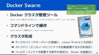 23Docker Swarm Guide
Docker Swarm
‣ Docker クラスタ管理ツール
Docker ホストの集まりを作成したり、アクセスできるようにするツールで、API を持つ
‣ コマンドラインで操作
docker-mac...