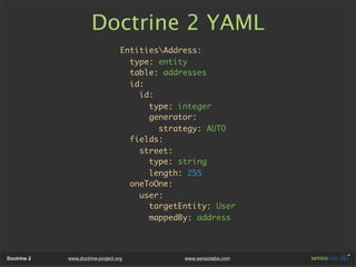 Doctrine 2 YAML
                                    EntitiesAddress:
                                      type: entity
  ...