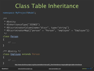 Class Table Inheritance
 namespace MyProjectModel;

 /**
   * @Entity
   * @InheritanceType("JOINED")
   * @DiscriminatorC...