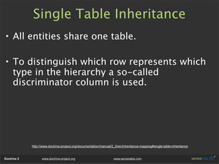 Single Table Inheritance
• All entities share one table.

• To distinguish which row represents which
  type in the hierar...