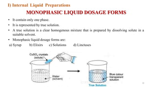 MONOPHASIC LIQUID DOSAGE FORMS
• It contain only one phase.
• It is represented by true solution.
• A true solution is a clear homogenous mixture that is prepared by dissolving solute in a
suitable solvent.
• Monophasic liquid dosage forms are:
a) Syrup b) Elixirs c) Solutions d) Linctuses
18
I) Internal Liquid Preparations
 