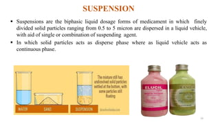 SUSPENSION
 Suspensions are the biphasic liquid dosage forms of medicament in which finely
divided solid particles ranging from 0.5 to 5 micron are dispersed in a liquid vehicle,
with aid of single or combination of suspending agent.
 In which solid particles acts as disperse phase where as liquid vehicle acts as
continuous phase.
23
 