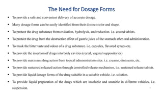 The Need for Dosage Forms
 To provide a safe and convenient delivery of accurate dosage.
 Many dosage forms can be easily identified from their distinct color and shape.
 To protect the drug substance from oxidation, hydrolysis, and reduction. i.e. coated tablets.
 To protect the drug from the destructive effect of gastric juice of the stomach after oral administration.
 To mask the bitter taste and odour of a drug substance. i.e. capsules, flavored syrups etc.
 To provide the insertion of drugs into body cavities (rectal, vaginal suppositories)
 To provide maximum drug action from topical administration sites. i.e. creams, ointments, etc.
 To provide sustained released action through controlled release mechanism, i.e. sustained release tablets.
 To provide liquid dosage forms of the drug suitable in a suitable vehicle. i.e. solution.
 To provide liquid preparation of the drugs which are insoluble and unstable in different vehicles. i.e.
suspension. 3
 