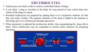 ERYTHROCYTES
 Erythrocytes are tried in order to achieve controlled release of drugs.
 It can allow a drug to circulate in the body for long period of time which help slow
release of the drugs in serum.
 Resealed erythrocytes are prepared by putting them in to a hypotonic medium. So that
they can easily swollen. The aqueous solutions of the drug is added to the medium so
that drugs gets in to erythrocytes through open pores.
 When isotonicity is adjusted the erythrocytes shrink, thus encapsulating the drug with in
them. These erythrocytes may be suspended in normal saline solutions for preparing
injections.
39
 
