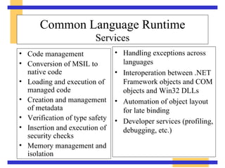 Common Language Runtime Services Code management Conversion of MSIL to native code  Loading and execution of managed code  Creation and management of metadata Verification of type safety Insertion and execution of security checks Memory management and isolation Handling exceptions across languages Interoperation between .NET Framework objects and COM objects and Win32 DLLs Automation of object layout for late binding Developer services (profiling, debugging, etc.) 