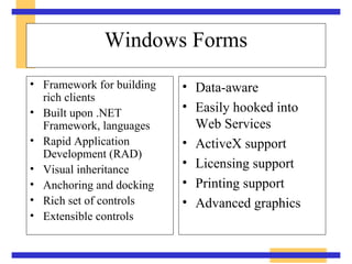 Windows Forms Framework for building rich clients Built upon .NET Framework, languages Rapid Application Development (RAD) Visual inheritance Anchoring and docking Rich set of controls Extensible controls Data-aware Easily hooked into  Web Services ActiveX support Licensing support Printing support Advanced graphics 