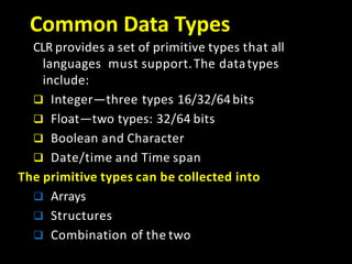 Common Data Types
CLR provides a set of primitive types that all
languages must support.The datatypes
include:
 Integer—three types 16/32/64bits
 Float—two types: 32/64 bits
 Boolean and Character
 Date/time and Time span
The primitive types can be collected into
 Arrays
 Structures
 Combination of the two
 