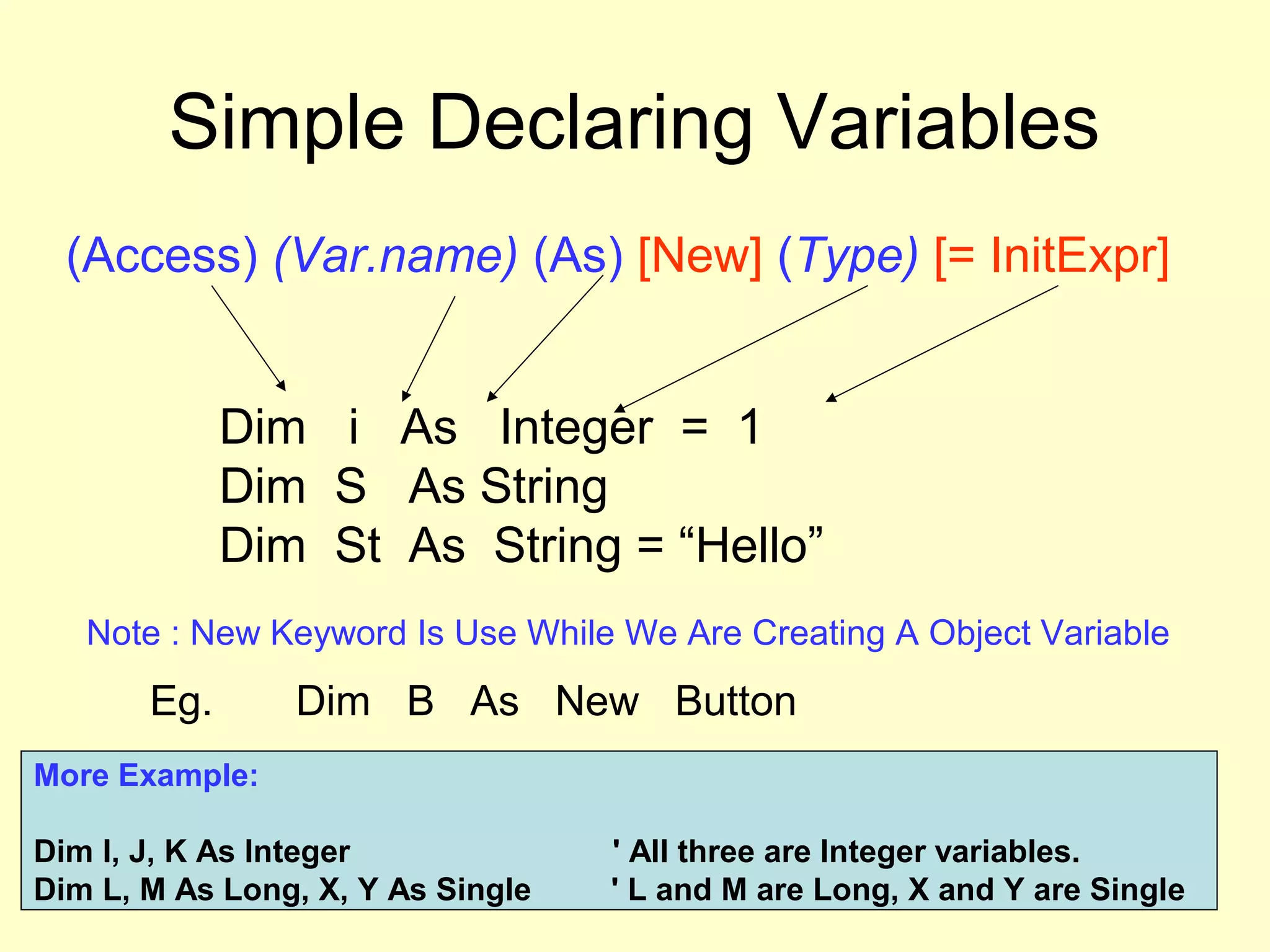Simple Declaring Variables
(Access) (Var.name) (As) [New] (Type) [= InitExpr]
Dim i As Integer = 1
Dim S As String
Dim St As String = “Hello”
Note : New Keyword Is Use While We Are Creating A Object Variable
Eg. Dim B As New Button
More Example:
Dim I, J, K As Integer ' All three are Integer variables.
Dim L, M As Long, X, Y As Single ' L and M are Long, X and Y are Single
 