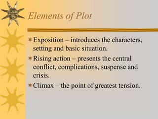 Elements of Plot
Exposition – introduces the characters,

setting and basic situation.
Rising action – presents the central
conflict, complications, suspense and
crisis.
Climax – the point of greatest tension.

 