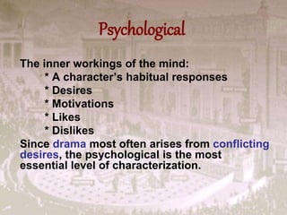 Psychological
The inner workings of the mind:
* A character’s habitual responses
* Desires
* Motivations
* Likes
* Dislikes
Since drama most often arises from conflicting
desires, the psychological is the most
essential level of characterization.
 
