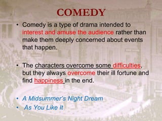 COMEDY
• Comedy is a type of drama intended to
interest and amuse the audience rather than
make them deeply concerned about events
that happen.
• The characters overcome some difficulties,
but they always overcome their ill fortune and
find happiness in the end.
• A Midsummer’s Night Dream
• As You Like It
 