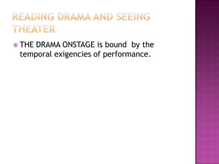  THE DRAMA ONSTAGE is bound by the
temporal exigencies of performance.
 