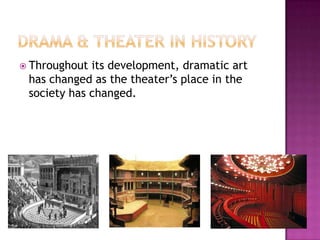  Throughout its development, dramatic art
has changed as the theater’s place in the
society has changed.
 