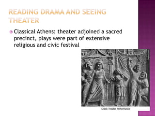  Classical Athens: theater adjoined a sacred
precinct, plays were part of extensive
religious and civic festival
 