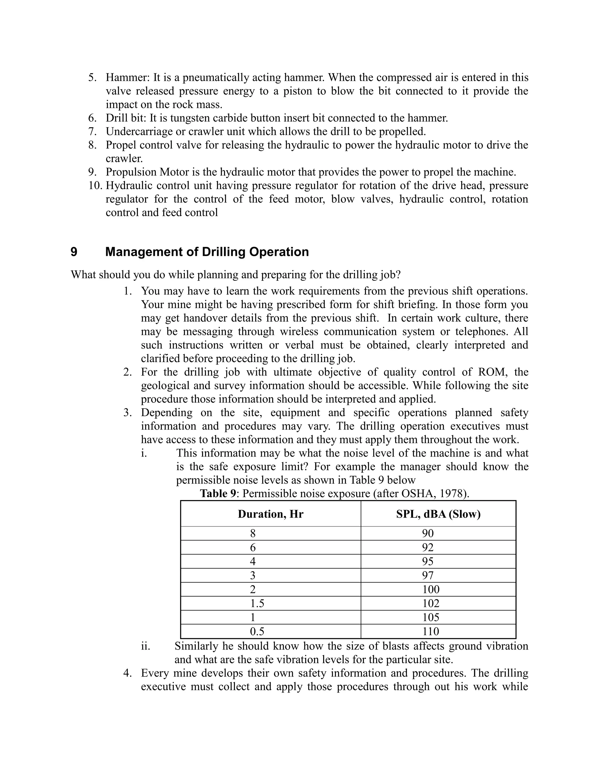 5. Hammer: It is a pneumatically acting hammer. When the compressed air is entered in this
valve released pressure energy to a piston to blow the bit connected to it provide the
impact on the rock mass.
6. Drill bit: It is tungsten carbide button insert bit connected to the hammer.
7. Undercarriage or crawler unit which allows the drill to be propelled.
8. Propel control valve for releasing the hydraulic to power the hydraulic motor to drive the
crawler.
9. Propulsion Motor is the hydraulic motor that provides the power to propel the machine.
10. Hydraulic control unit having pressure regulator for rotation of the drive head, pressure
regulator for the control of the feed motor, blow valves, hydraulic control, rotation
control and feed control
9 Management of Drilling Operation
What should you do while planning and preparing for the drilling job?
1. You may have to learn the work requirements from the previous shift operations.
Your mine might be having prescribed form for shift briefing. In those form you
may get handover details from the previous shift. In certain work culture, there
may be messaging through wireless communication system or telephones. All
such instructions written or verbal must be obtained, clearly interpreted and
clarified before proceeding to the drilling job.
2. For the drilling job with ultimate objective of quality control of ROM, the
geological and survey information should be accessible. While following the site
procedure those information should be interpreted and applied.
3. Depending on the site, equipment and specific operations planned safety
information and procedures may vary. The drilling operation executives must
have access to these information and they must apply them throughout the work.
i. This information may be what the noise level of the machine is and what
is the safe exposure limit? For example the manager should know the
permissible noise levels as shown in Table 9 below
Table 9: Permissible noise exposure (after OSHA, 1978).
Duration, Hr SPL, dBA (Slow)
8 90
6 92
4 95
3 97
2 100
1.5 102
1 105
0.5 110
ii. Similarly he should know how the size of blasts affects ground vibration
and what are the safe vibration levels for the particular site.
4. Every mine develops their own safety information and procedures. The drilling
executive must collect and apply those procedures through out his work while
 