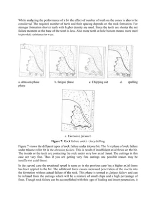 While analyzing the performance of a bit the effect of number of teeth on the cones is also to be
considered. The required number of teeth and their spacing depends on the rock formation. For
stronger formation shorter teeth with higher density are used. Since the teeth are shorter the net
failure moment at the base of the teeth is less. Also more teeth at hole bottom means more steel
to provide resistance to wear.
a. abrasion phase b. fatigue phase c. Chipping out d. spalling
phase
e. Excessive pressure
Figure 7: Rock failure under rotary drilling
Figure 7 shows the different types of rock failure under tricone bit. The first phase of rock failure
under tricone roller bit is the abrasion failure. This is result of insufficient axial thrust on the bit.
The inserts or the teeth are contacting the rock under very low axial thrust. The cuttings in this
case are very fine. Thus if you are getting very fine cuttings one possible reason may be
insufficient axial thrust.
In the second case the rotational speed is same as in the previous case but a higher axial thrust
has been applied to the bit. The additional force causes increased penetration of the inserts into
the formation without actual failure of the rock. This phase is termed as fatigue failure and can
be inferred from the cuttings which will be a mixture of small chips and a high percentage of
fines. Though rock failure can be accomplished with this type of loading and insert penetration, it
 