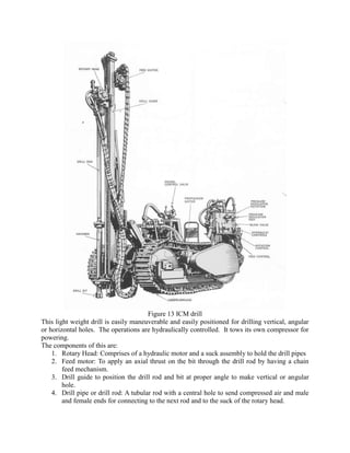 Figure 13 ICM drill
This light weight drill is easily maneuverable and easily positioned for drilling vertical, angular
or horizontal holes. The operations are hydraulically controlled. It tows its own compressor for
powering.
The components of this are:
1. Rotary Head: Comprises of a hydraulic motor and a suck assembly to hold the drill pipes
2. Feed motor: To apply an axial thrust on the bit through the drill rod by having a chain
feed mechanism.
3. Drill guide to position the drill rod and bit at proper angle to make vertical or angular
hole.
4. Drill pipe or drill rod: A tubular rod with a central hole to send compressed air and male
and female ends for connecting to the next rod and to the suck of the rotary head.
 