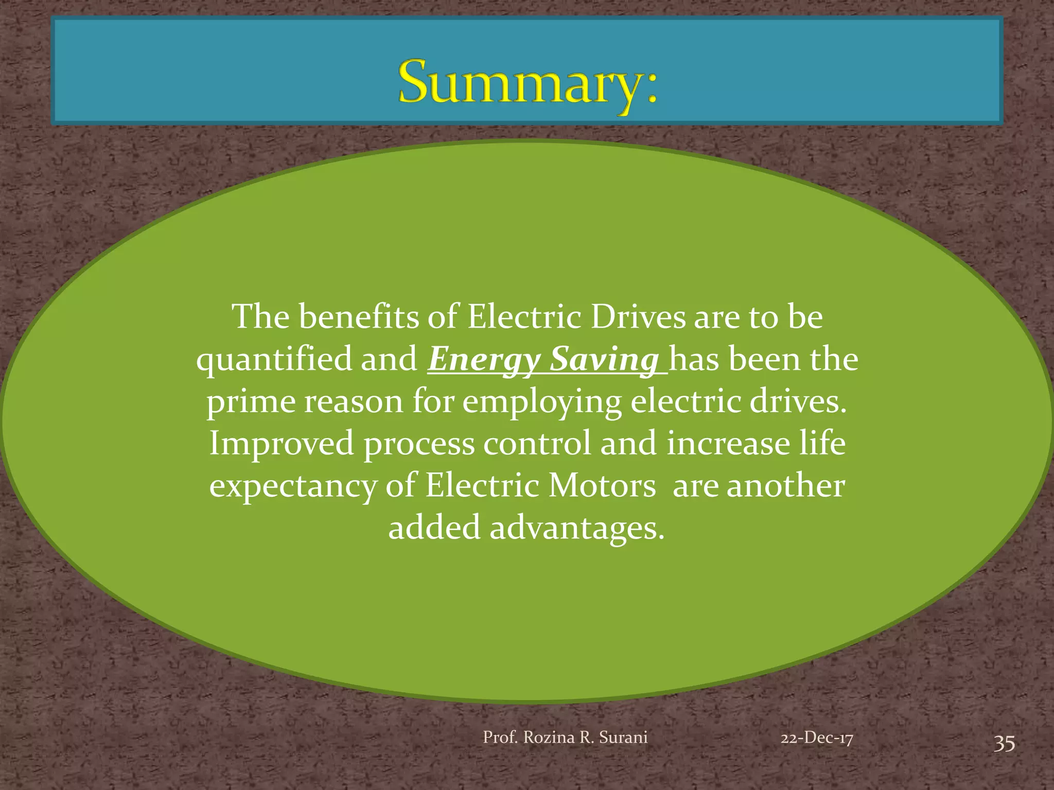 35Prof. Rozina R. Surani
The benefits of Electric Drives are to be
quantified and Energy Saving has been the
prime reason for employing electric drives.
Improved process control and increase life
expectancy of Electric Motors are another
added advantages.
22-Dec-17
 