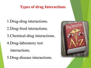 Types of drug Interactions
1.Drug-drug interactions.
2.Drug-food interactions.
3.Chemical-drug interactions.
4.Drug-laboratory test
interactions.
5.Drug-disease interactions.
 