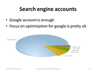 Search engine accounts
• Google account is enough
• Focus on optimization for google is pretty ok




Drupalist: Kalin Chernev   Course by Init Lab (http://initlab.org)   11
 