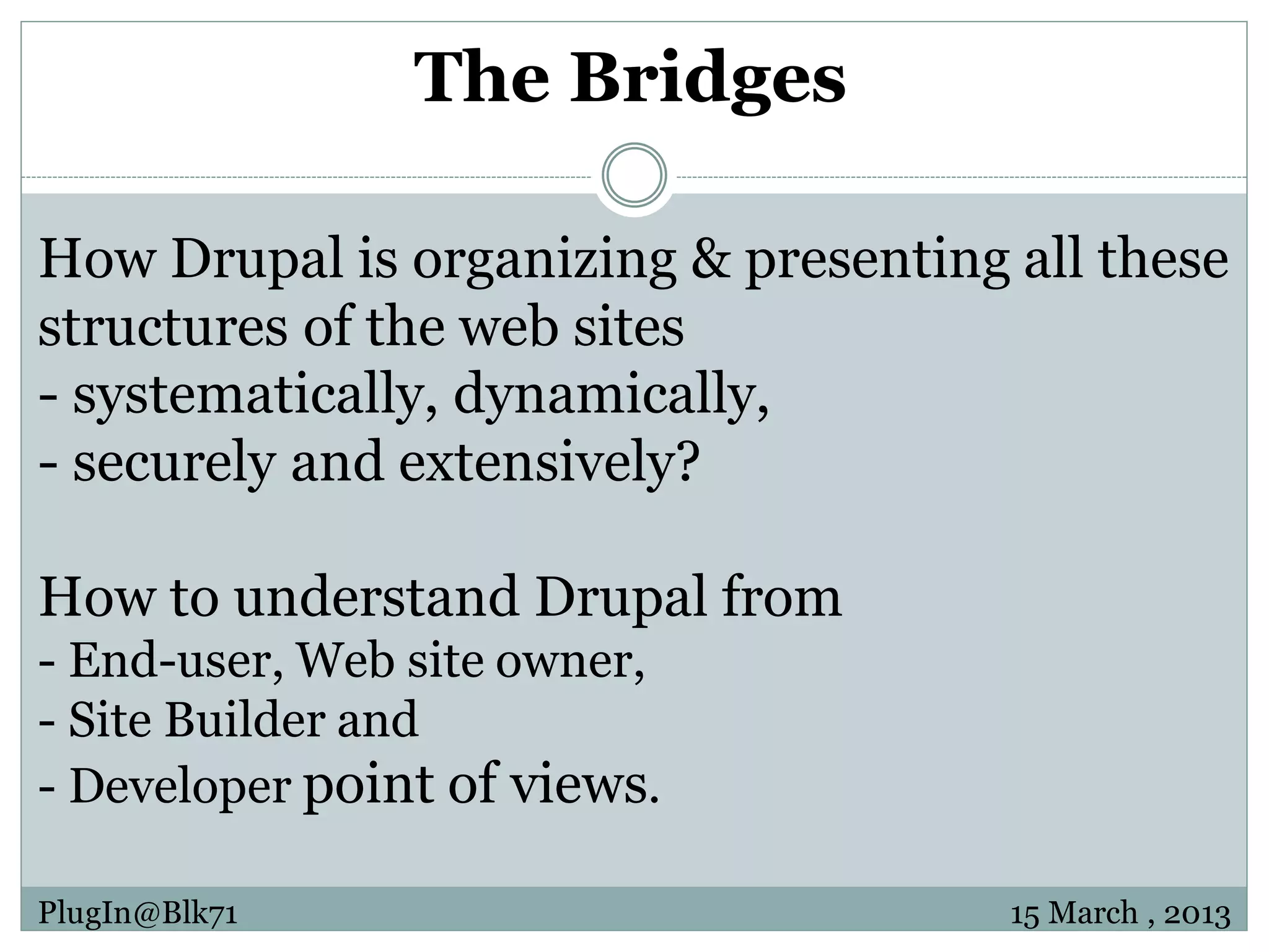 The Bridges How Drupal is organizing & presenting all these structures of the web sites - systematically, dynamically, - securely and extensively? How to understand Drupal from - End-user, Web site owner, - Site Builder and - Developer point of views. PlugIn@Blk71 15 March , 2013 