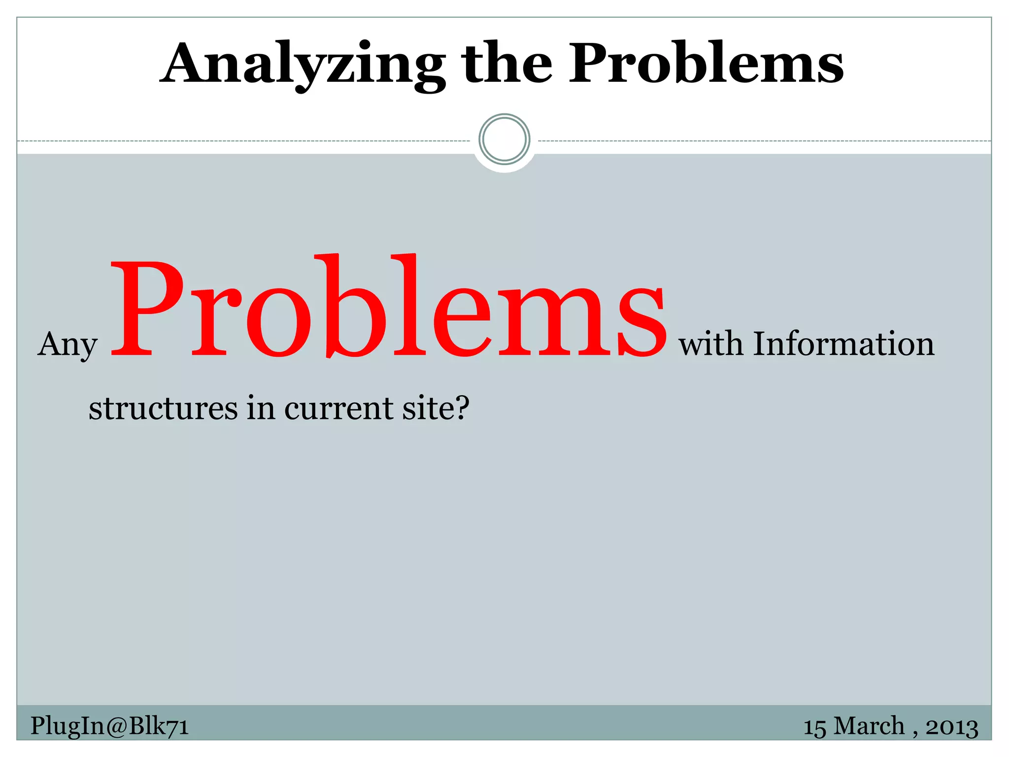 Analyzing the Problems Any Problems structures in current site? with Information PlugIn@Blk71 15 March , 2013 