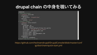 drupal	chain	の中⾝を覗いてみる
commands:
# Download Drupal
- command: site:new
arguments:
directory: 'drupal8.dev'
options:
latest: 'true'
# Install Drupal
- command: site:install
options:
langcode: en
db-type: sqlite
db-file: sites/default/files/.ht.sqlite
site-name: 'Drupal 8 Quick Start'
site-mail: admin@example.com
account-name: admin
account-mail: admin@example.com
account-pass: admin
arguments:
profile: standard
# Start php built-in server
- command: server
https://github.com/hechoendrupal/DrupalConsole/blob/master/conf
ig/dist/chain/quick-start.yml
 