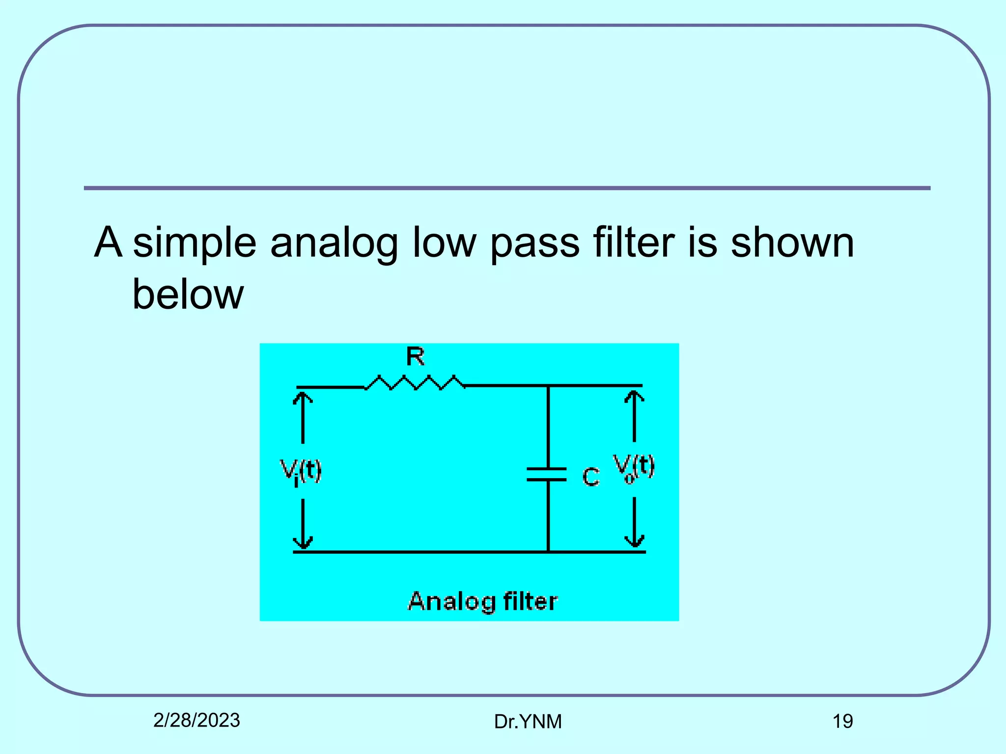 A simple analog low pass filter is shown
below
2/28/2023 Dr.YNM 19
 