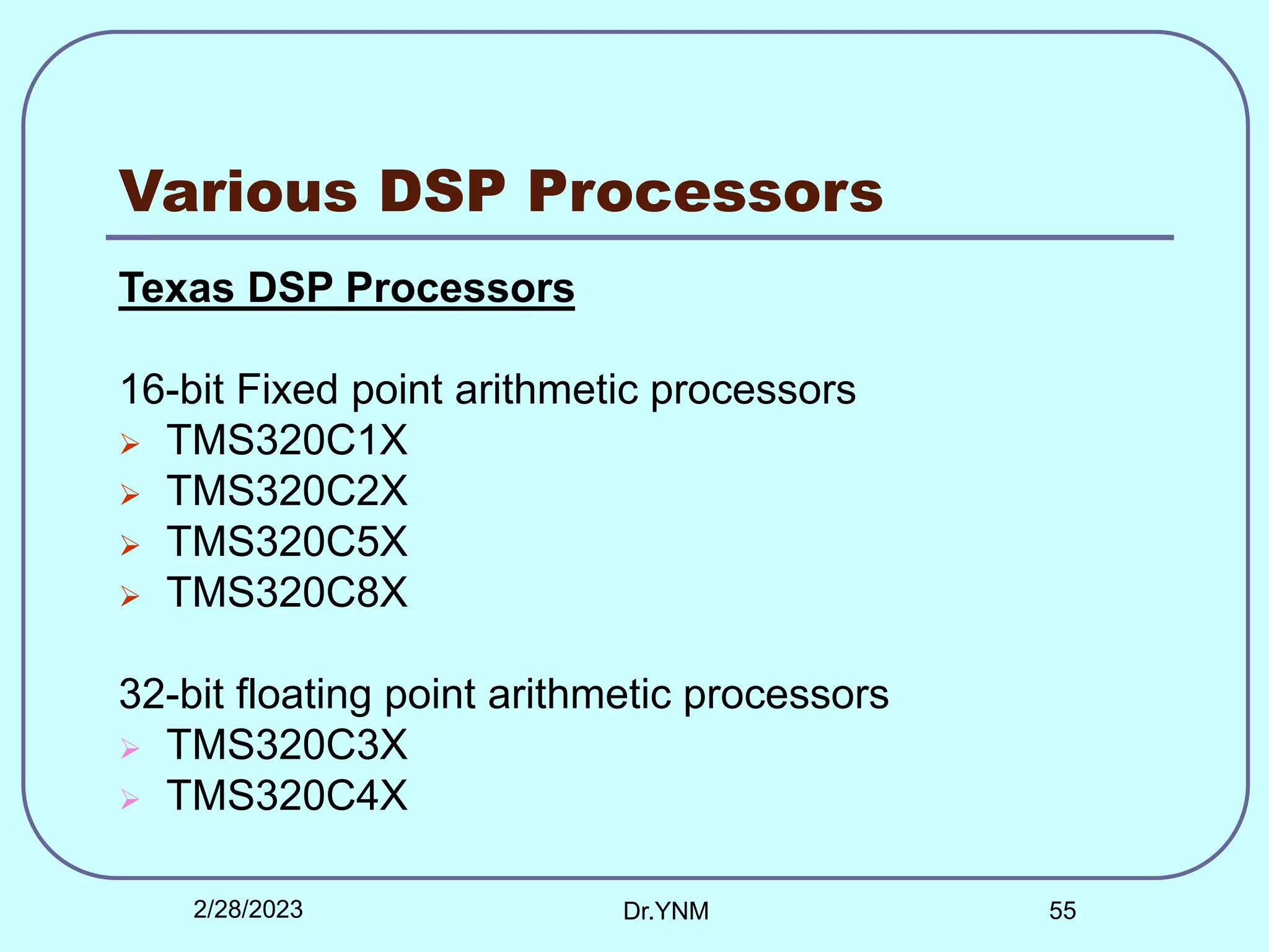 Various DSP Processors
Texas DSP Processors
16-bit Fixed point arithmetic processors
 TMS320C1X
 TMS320C2X
 TMS320C5X
 TMS320C8X
32-bit floating point arithmetic processors
 TMS320C3X
 TMS320C4X
2/28/2023 Dr.YNM 55
 