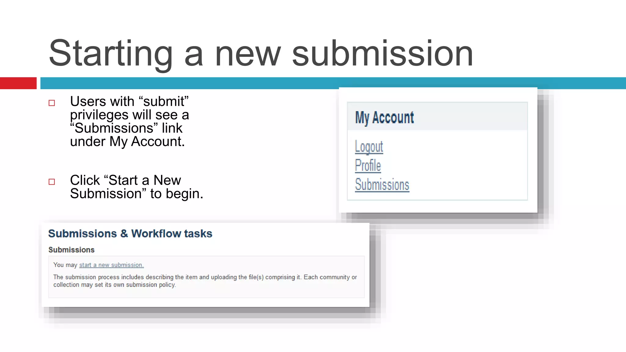 Starting a new submission
 Users with “submit”
privileges will see a
“Submissions” link
under My Account.
 Click “Start a New
Submission” to begin.
 