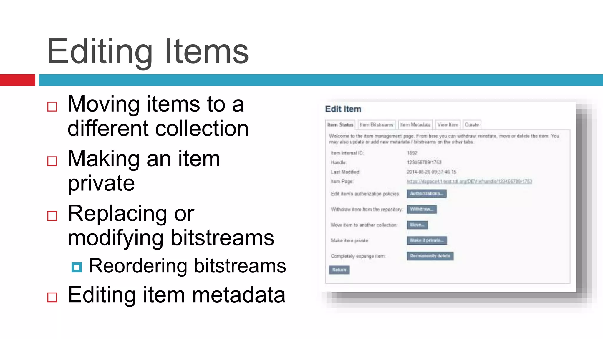 Editing Items
 Moving items to a
different collection
 Making an item
private
 Replacing or
modifying bitstreams
 Reordering bitstreams
 Editing item metadata
 