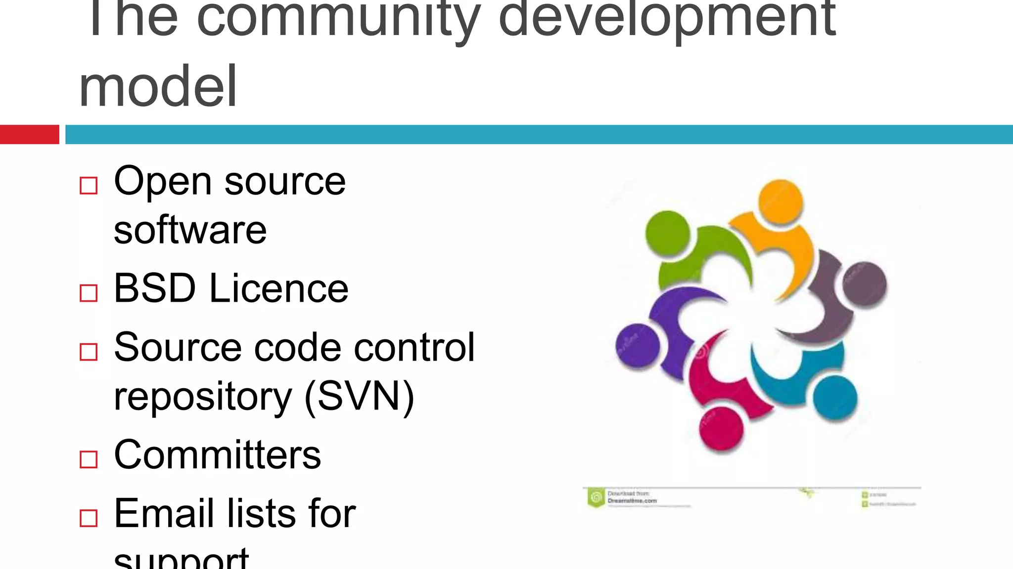 The community development
model
 Open source
software
 BSD Licence
 Source code control
repository (SVN)
 Committers
 Email lists for
 