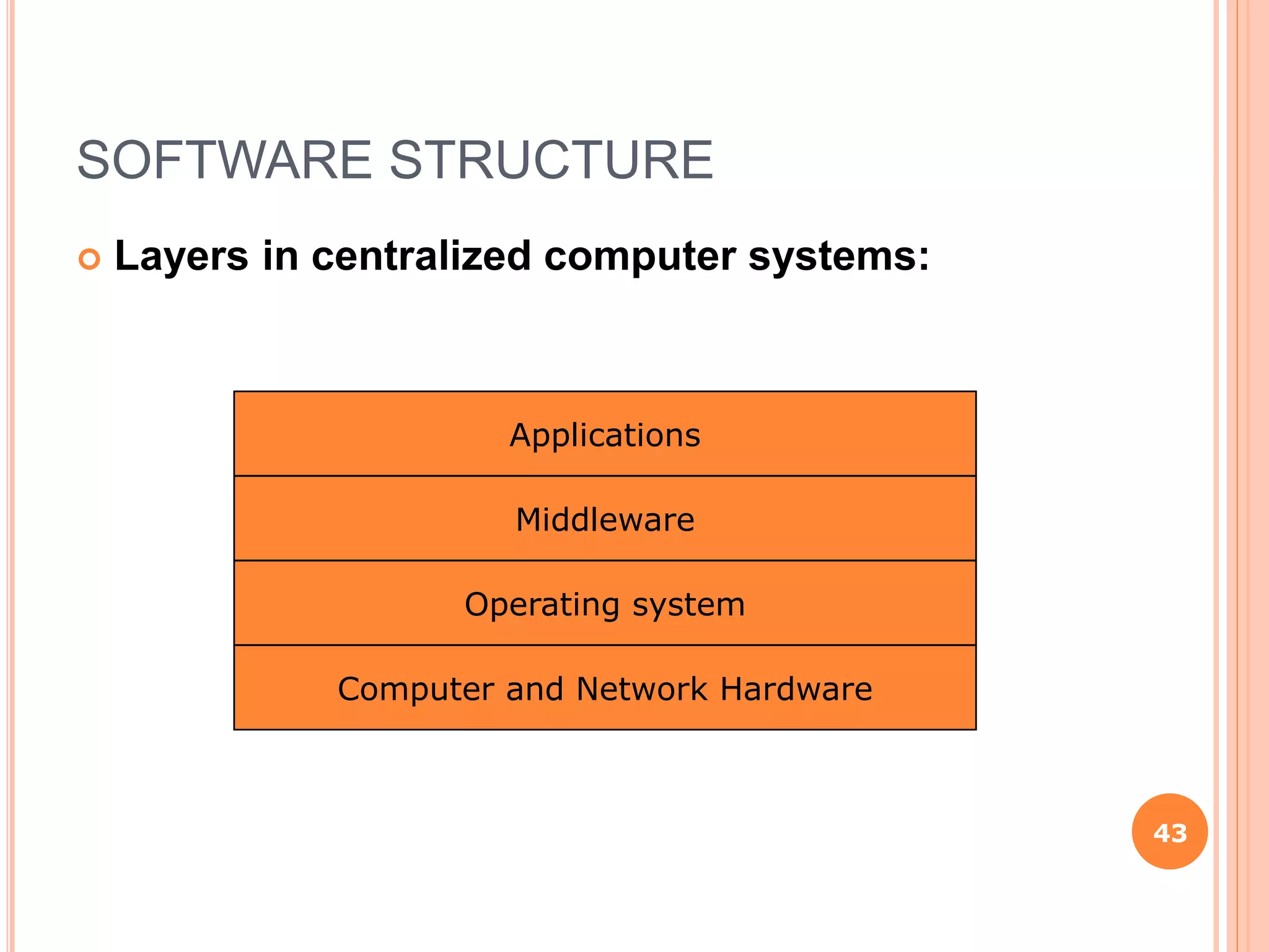 SOFTWARE STRUCTURE
 Layers in centralized computer systems:
43
Applications
Middleware
Operating system
Computer and Network Hardware
 