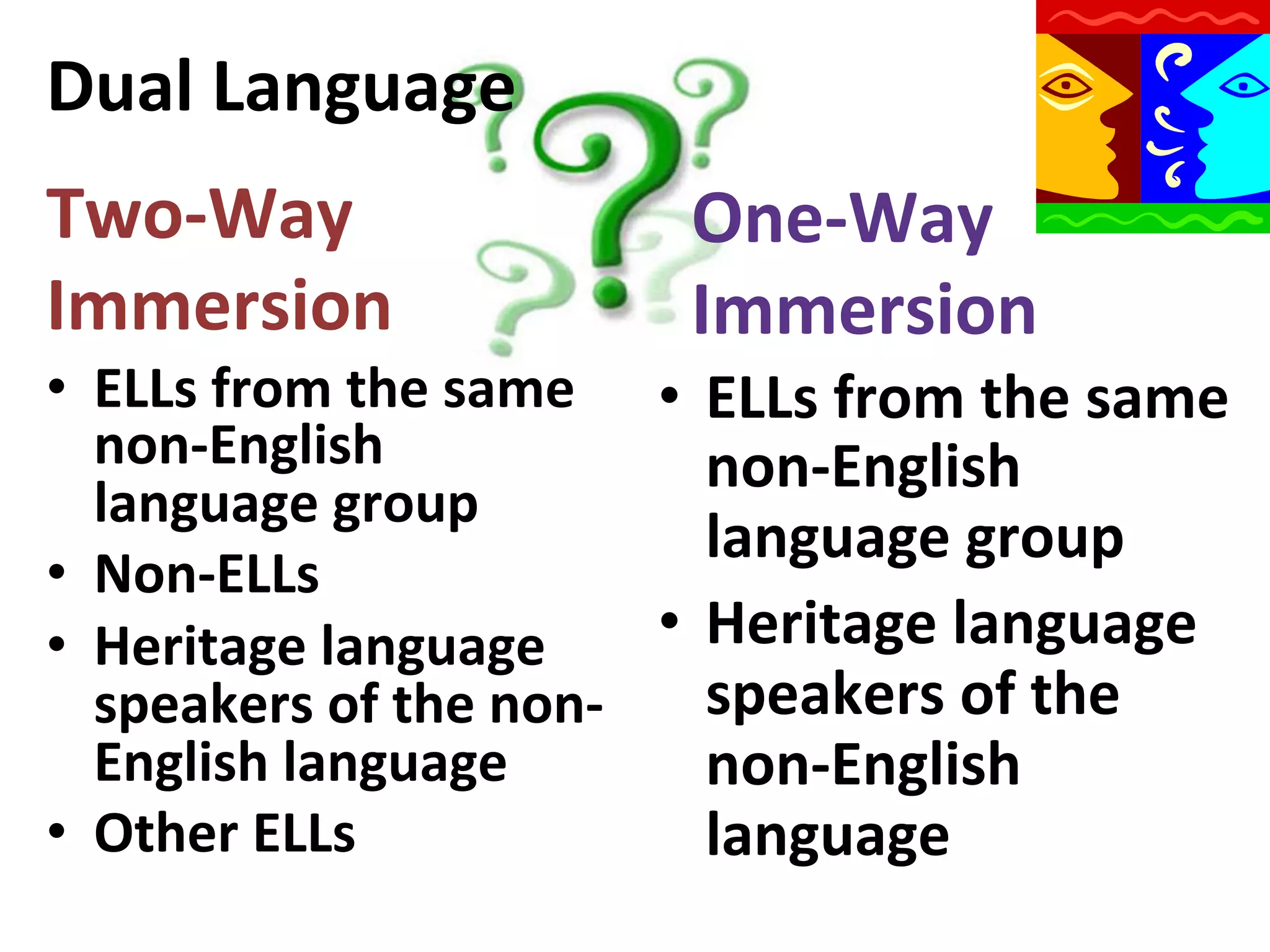 Dual	
  Language	
  
Two-­‐Way	
  
Immersion	
  

One-­‐Way	
  
Immersion	
  

•  ELLs	
  from	
  the	
  same	
   •  ELLs	
  from	
  the	
  same	
  
non-­‐English	
  
non-­‐English	
  
language	
  group	
  
language	
  group	
  
•  Non-­‐ELLs	
  
•  Heritage	
  language	
  
•  Heritage	
  language	
  
speakers	
  of	
  the	
  
speakers	
  of	
  the	
  non-­‐
English	
  language	
  
non-­‐English	
  
•  Other	
  ELLs	
  
language	
  

 