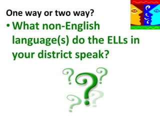 One	
  way	
  or	
  two	
  way?	
  

• What	
  non-­‐English	
  
language(s)	
  do	
  the	
  ELLs	
  in	
  
your	
  district	
  speak?	
  

 