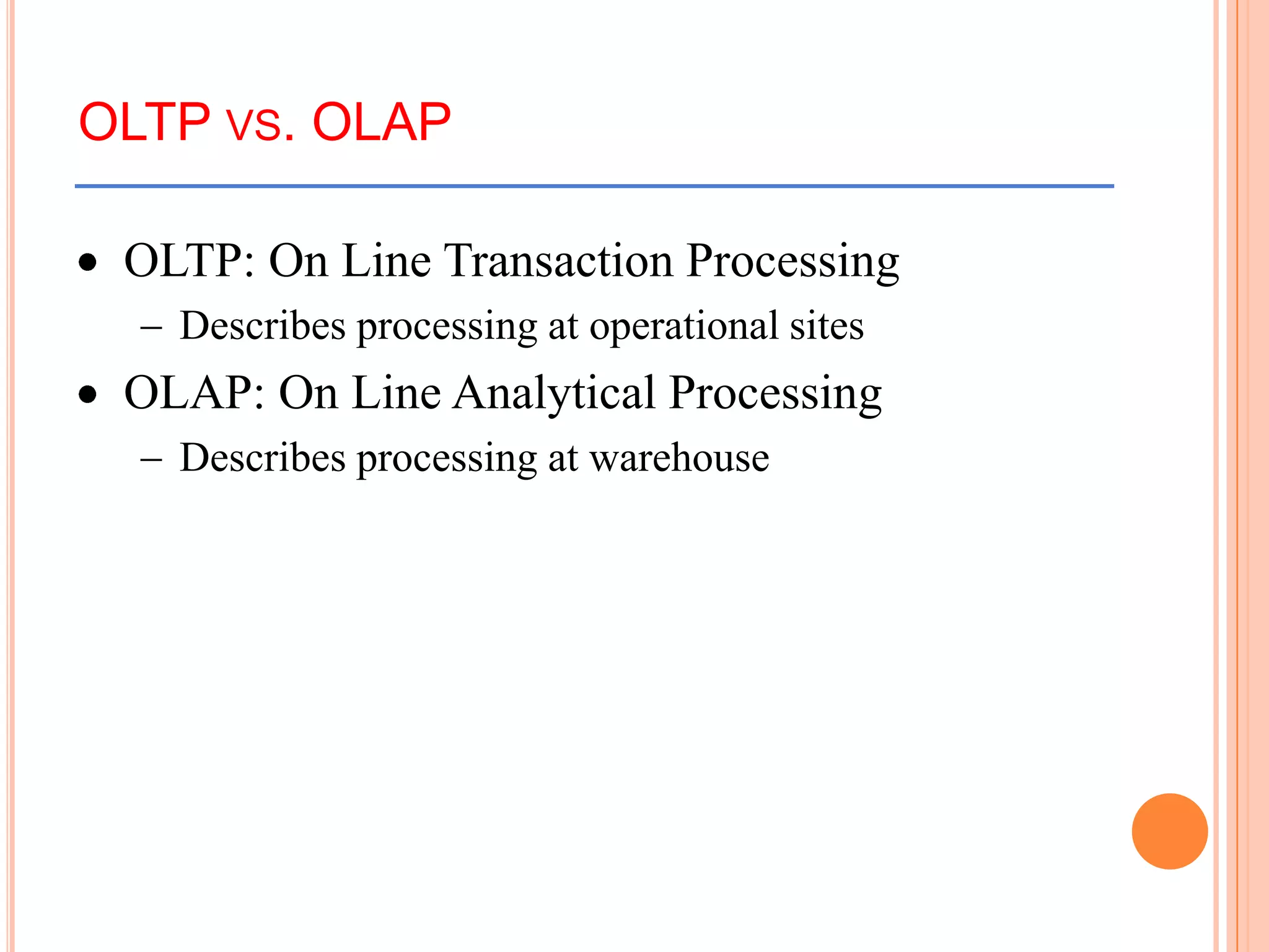 OLTP VS. OLAP
OLTP: On Line Transaction Processing
Describes processing at operational sites
OLAP: On Line Analytical Processing
Describes processing at warehouse
 