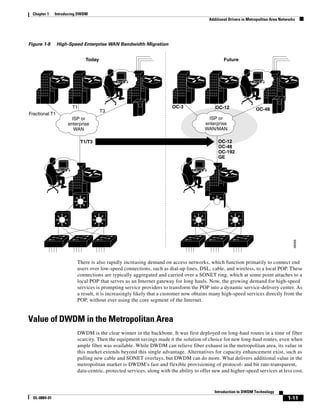 Chapter 1    Introducing DWDM
                                                                                        Additional Drivers in Metropolitan Area Networks




Figure 1-9      High-Speed Enterprise WAN Bandwidth Migration


                              Today                                                             Future




                       T1                                             OC-3                 OC-12
                                      T3                                                                          OC-48
Fractional T1
                       ISP or                                                           ISP or
                     enterprise                                                       enterprise
                        WAN                                                           WAN/MAN

                            T1/T3                                                            OC-12
                                                                                             OC-48
                                                                                             OC-192
                                                                                             GE




                                                                                                                                       48068
                         There is also rapidly increasing demand on access networks, which function primarily to connect end
                         users over low-speed connections, such as dial-up lines, DSL, cable, and wireless, to a local POP. These
                         connections are typically aggregated and carried over a SONET ring, which at some point attaches to a
                         local POP that serves as an Internet gateway for long hauls. Now, the growing demand for high-speed
                         services is prompting service providers to transform the POP into a dynamic service-delivery center. As
                         a result, it is increasingly likely that a customer now obtains many high-speed services directly from the
                         POP, without ever using the core segment of the Internet.


Value of DWDM in the Metropolitan Area
                         DWDM is the clear winner in the backbone. It was first deployed on long-haul routes in a time of fiber
                         scarcity. Then the equipment savings made it the solution of choice for new long-haul routes, even when
                         ample fiber was available. While DWDM can relieve fiber exhaust in the metropolitan area, its value in
                         this market extends beyond this single advantage. Alternatives for capacity enhancement exist, such as
                         pulling new cable and SONET overlays, but DWDM can do more. What delivers additional value in the
                         metropolitan market is DWDM’s fast and flexible provisioning of protocol- and bit rate-transparent,
                         data-centric, protected services, along with the ability to offer new and higher-speed services at less cost.



                                                                                           Introduction to DWDM Technology
  OL-0884-01                                                                                                                        1-11
 