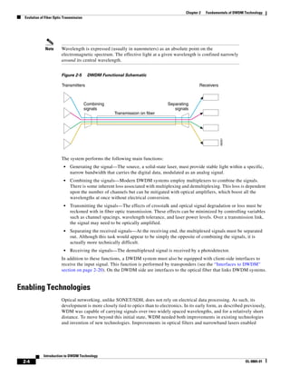 Chapter 2   Fundamentals of DWDM Technology
  Evolution of Fiber Optic Transmission




               Note      Wavelength is expressed (usually in nanometers) as an absolute point on the
                         electromagnetic spectrum. The effective light at a given wavelength is confined narrowly
                         around its central wavelength.


                         Figure 2-5        DWDM Functional Schematic

                         Transmitters                                                             Receivers



                                          Combining                             Separating
                                          signals                                  signals
                                                      Transmission on fiber




                                                                                                              48081
                         The system performs the following main functions:
                           •   Generating the signal—The source, a solid-state laser, must provide stable light within a specific,
                               narrow bandwidth that carries the digital data, modulated as an analog signal.
                           •   Combining the signals—Modern DWDM systems employ multiplexers to combine the signals.
                               There is some inherent loss associated with multiplexing and demultiplexing. This loss is dependent
                               upon the number of channels but can be mitigated with optical amplifiers, which boost all the
                               wavelengths at once without electrical conversion.
                           •   Transmitting the signals—The effects of crosstalk and optical signal degradation or loss must be
                               reckoned with in fiber optic transmission. These effects can be minimized by controlling variables
                               such as channel spacings, wavelength tolerance, and laser power levels. Over a transmission link,
                               the signal may need to be optically amplified.
                           •   Separating the received signals—At the receiving end, the multiplexed signals must be separated
                               out. Although this task would appear to be simply the opposite of combining the signals, it is
                               actually more technically difficult.
                           •   Receiving the signals—The demultiplexed signal is received by a photodetector.
                         In addition to these functions, a DWDM system must also be equipped with client-side interfaces to
                         receive the input signal. This function is performed by transponders (see the “Interfaces to DWDM”
                         section on page 2-20). On the DWDM side are interfaces to the optical fiber that links DWDM systems.


Enabling Technologies
                         Optical networking, unlike SONET/SDH, does not rely on electrical data processing. As such, its
                         development is more closely tied to optics than to electronics. In its early form, as described previously,
                         WDM was capable of carrying signals over two widely spaced wavelengths, and for a relatively short
                         distance. To move beyond this initial state, WDM needed both improvements in existing technologies
                         and invention of new technologies. Improvements in optical filters and narrowband lasers enabled




              Introduction to DWDM Technology
 2-4                                                                                                                       OL-0884-01
 