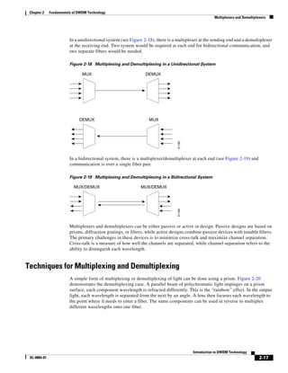 Chapter 2    Fundamentals of DWDM Technology
                                                                                                      Multiplexers and Demultiplexers




                         In a unidirectional system (see Figure 2-18), there is a multiplexer at the sending end and a demultiplexer
                         at the receiving end. Two system would be required at each end for bidirectional communication, and
                         two separate fibers would be needed.

                         Figure 2-18 Multiplexing and Demultiplexing in a Unidirectional System

                                MUX                              DEMUX




                              DEMUX                                MUX




                                                                                  51183
                         In a bidirectional system, there is a multiplexer/demultiplexer at each end (see Figure 2-19) and
                         communication is over a single fiber pair.

                         Figure 2-19 Multiplexing and Demultiplexing in a Bidirectional System

                           MUX/DEMUX                           MUX/DEMUX
                                                                                  51184




                         Multiplexers and demultiplexers can be either passive or active in design. Passive designs are based on
                         prisms, diffraction gratings, or filters, while active designs combine passive devices with tunable filters.
                         The primary challenges in these devices is to minimize cross-talk and maximize channel separation.
                         Cross-talk is a measure of how well the channels are separated, while channel separation refers to the
                         ability to distinguish each wavelength.


Techniques for Multiplexing and Demultiplexing
                         A simple form of multiplexing or demultiplexing of light can be done using a prism. Figure 2-20
                         demonstrates the demultiplexing case. A parallel beam of polychromatic light impinges on a prism
                         surface; each component wavelength is refracted differently. This is the “rainbow” effect. In the output
                         light, each wavelength is separated from the next by an angle. A lens then focuses each wavelength to
                         the point where it needs to enter a fiber. The same components can be used in reverse to multiplex
                         different wavelengths onto one fiber.




                                                                                          Introduction to DWDM Technology
 OL-0884-01                                                                                                                      2-17
 