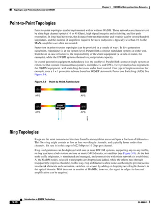 Chapter 3   DWDM in Metropolitan Area Networks
  Topologies and Protection Schemes for DWDM




Point-to-Point Topologies
                       Point-to-point topologies can be implemented with or without OADM. These networks are characterized
                       by ultra-high channel speeds (10 to 40 Gbps), high signal integrity and reliability, and fast path
                       restoration. In long-haul networks, the distance between transmitter and receiver can be several hundred
                       kilometers, and the number of amplifiers required between endpoints is typically less than 10. In the
                       MAN, amplifiers are often not needed.
                       Protection in point-to-point topologies can be provided in a couple of ways. In first generation
                       equipment, redundancy is at the system level. Parallel links connect redundant systems at either end.
                       Switchover in case of failure is the responsibility of the client equipment (a switch or router, for
                       example), while the DWDM systems themselves just provide capacity.
                       In second generation equipment, redundancy is at the card level. Parallel links connect single systems at
                       either end that contain redundant transponders, multiplexers, and CPUs. Here protection has migrated to
                       the DWDM equipment, with switching decisions under local control. One type of implementation, for
                       example, uses a 1 + 1 protection scheme based on SONET Automatic Protection Switching (APS). See
                       Figure 3-8.

                       Figure 3-8     Point-to-Point Architecture




                       APS                                          APS



                                               OADM


                       APS                                          APS
                                                                          49375




Ring Topologies
                       Rings are the most common architecture found in metropolitan areas and span a few tens of kilometers.
                       The fiber ring might contain as few as four wavelength channels, and typically fewer nodes than
                       channels. Bit rate is in the range of 622 Mbps to 10 Gbps per channel.
                       Ring configurations can be deployed with one or more DWDM systems, supporting any-to-any traffic,
                       or they can have a hub station and one or more OADM nodes, or satellites (see Figure 3-9). At the hub
                       node traffic originates, is terminated and managed, and connectivity with other networks is established.
                       At the OADM nodes, selected wavelengths are dropped and added, while the others pass through
                       transparently (express channels). In this way, ring architectures allow nodes on the ring to provide access
                       to network elements such as routers, switches, or servers by adding or dropping wavelength channels in
                       the optical domain. With increase in number of OADMs, however, the signal is subject to loss and
                       amplification can be required.




            Introduction to DWDM Technology
 3-10                                                                                                                     OL-0884-01
 