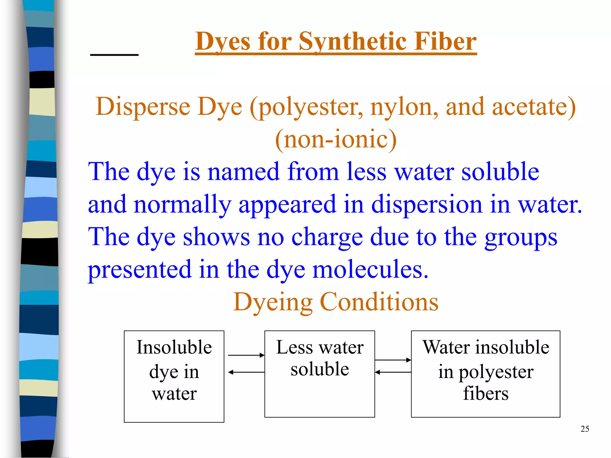 Dyes for Synthetic Fiber

 Disperse Dye (polyester, nylon, and acetate)
                  (non-ionic)
The dye is named from less water soluble
and normally appeared in dispersion in water.
The dye shows no charge due to the groups
presented in the dye molecules.
              Dyeing Conditions
    Insoluble    Less water   Water insoluble
      dye in      soluble      in polyester
      water                       fibers
                                                25
 