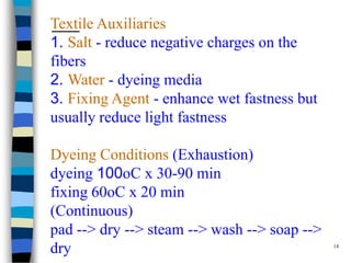 Textile Auxiliaries
1. Salt - reduce negative charges on the
fibers
2. Water - dyeing media
3. Fixing Agent - enhance wet fastness but
usually reduce light fastness

Dyeing Conditions (Exhaustion)
dyeing 100oC x 30-90 min
fixing 60oC x 20 min
(Continuous)
pad --> dry --> steam --> wash --> soap -->
                                              14
dry
 