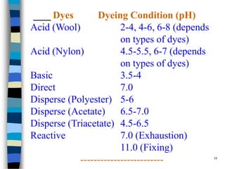 Dyes        Dyeing Condition (pH)
Acid (Wool)             2-4, 4-6, 6-8 (depends
                        on types of dyes)
Acid (Nylon)            4.5-5.5, 6-7 (depends
                        on types of dyes)
Basic                   3.5-4
Direct                  7.0
Disperse (Polyester) 5-6
Disperse (Acetate)      6.5-7.0
Disperse (Triacetate) 4.5-6.5
Reactive                7.0 (Exhaustion)
                        11.0 (Fixing)
                                                 34
            -------------------------
 