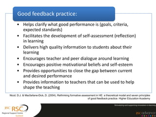 Good feedback practice:
      • Helps clarify what good performance is (goals, criteria,
        expected standards)
      • Facilitates the development of self-assessment (reflection)
        in learning
      • Delivers high quality information to students about their
        learning
      • Encourages teacher and peer dialogue around learning
      • Encourages positive motivational beliefs and self-esteem
      • Provides opportunities to close the gap between current
        and desired performance
      • Provides information to teachers that can be used to help
        shape the teaching
Nicol, D.J. & Macfarlane-Dick, D. (2004). Rethinking formative assessment in HE: a theoretical model and seven principles
                                                                    of good feedback practice. Higher Education Academy
 