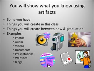 You will show what you know using artifacts Some you have Things you will create in this class Things you will create between now & graduation Examples: Photos Audio Videos Documents Presentations Websites Blogs 