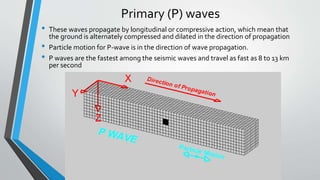 Primary (P) waves
• These waves propagate by longitudinal or compressive action, which mean that
the ground is alternately compressed and dilated in the direction of propagation
• Particle motion for P-wave is in the direction of wave propagation.
• P waves are the fastest among the seismic waves and travel as fast as 8 to 13 km
per second
 